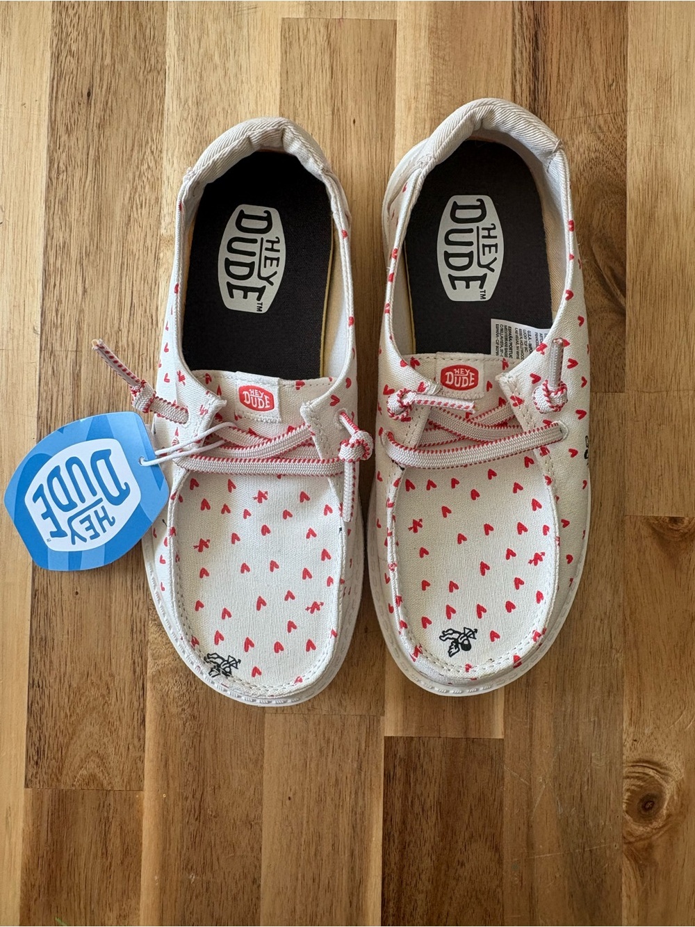 Hey Dude Kids White Canvas Sneakers with Red Heart Print